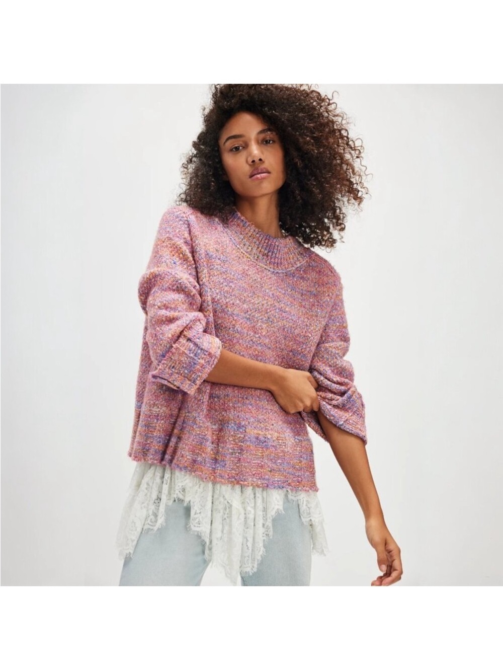 Free People Pink Cotton Candy Pullover Chunky Knit Azalea Jewel Combo Boho S